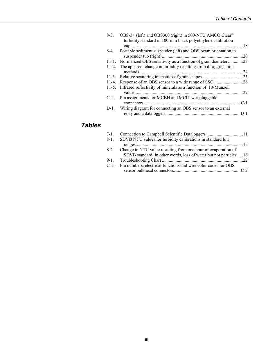 Tables | Campbell Scientific OBS-3+ and OBS300 Suspended Solids and Turbidity Monitors User Manual | Page 9 / 54