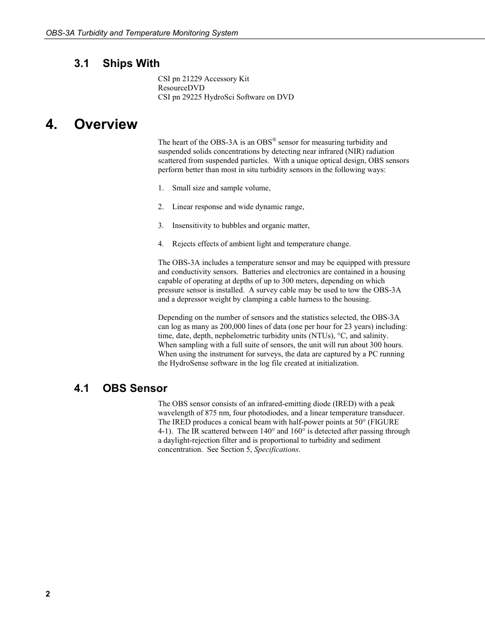 1 ships with, Overview, 1 obs sensor | Ships with, Obs sensor, Section 3.1 | Campbell Scientific OBS-3A Turbidity and Temperature Monitoring System User Manual | Page 10 / 72
