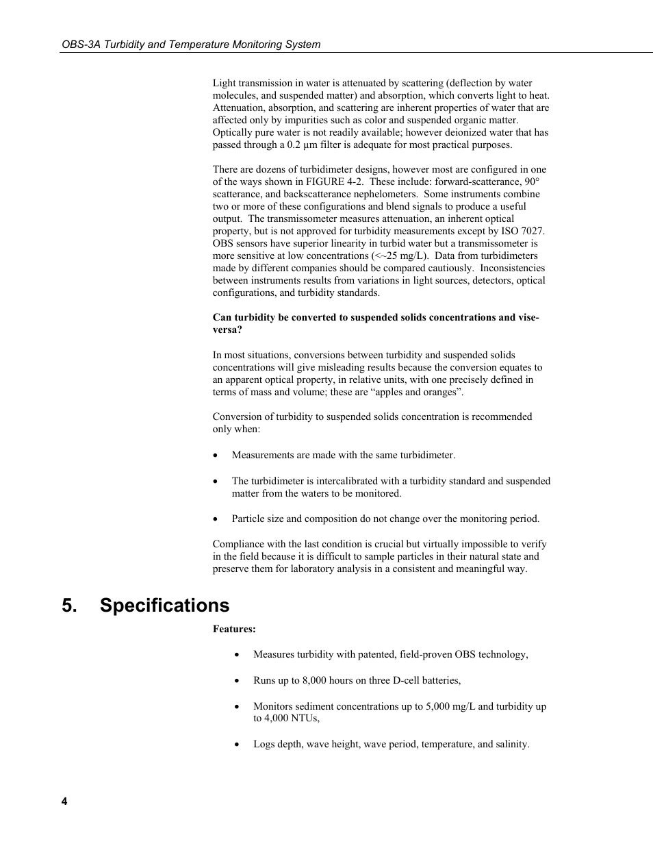 Specifications | Campbell Scientific OBS-3A Turbidity and Temperature Monitoring System User Manual | Page 12 / 72