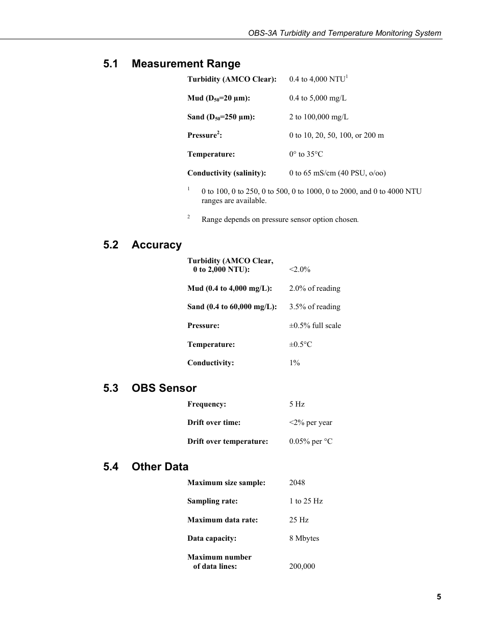 1 measurement range, 2 accuracy, 3 obs sensor | 4 other data, Measurement range, Accuracy, Obs sensor, Other data | Campbell Scientific OBS-3A Turbidity and Temperature Monitoring System User Manual | Page 13 / 72