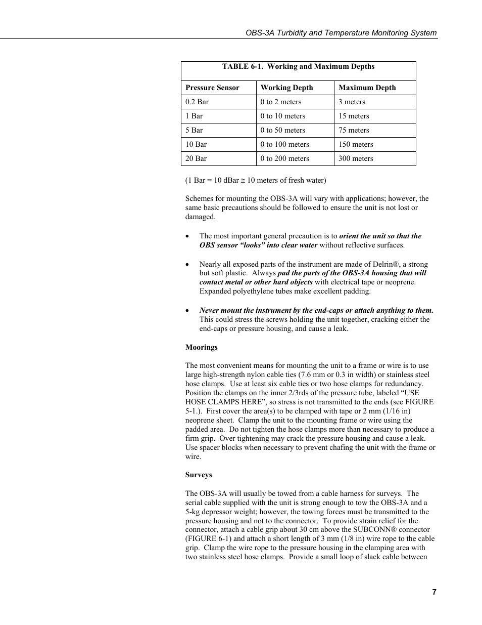 1. working and maximum depths | Campbell Scientific OBS-3A Turbidity and Temperature Monitoring System User Manual | Page 15 / 72