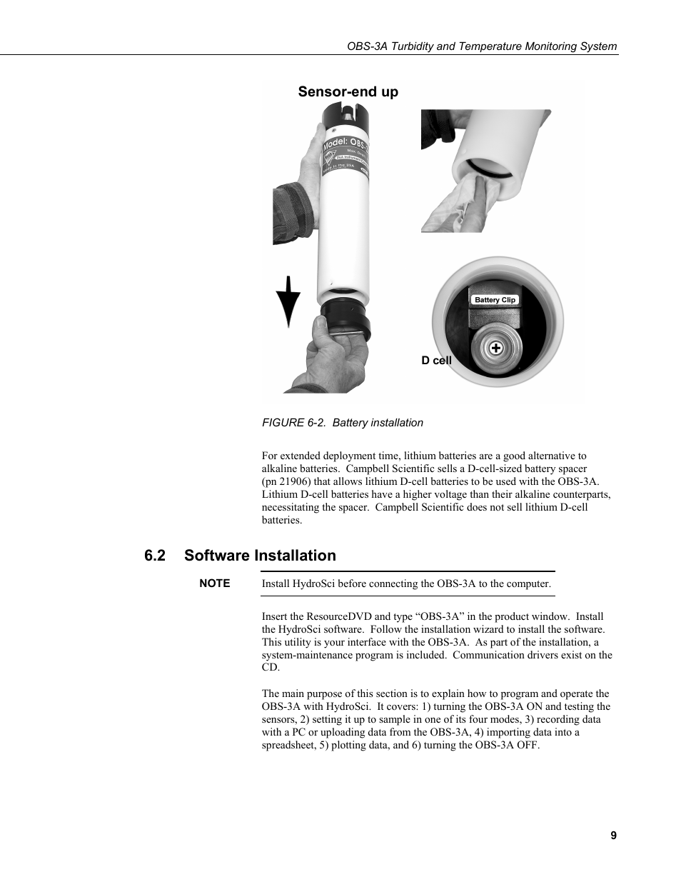 2 software installation, Software installation, 2. battery | Installation | Campbell Scientific OBS-3A Turbidity and Temperature Monitoring System User Manual | Page 17 / 72