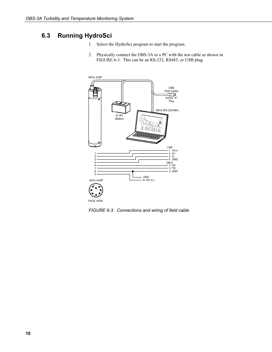 3 running hydrosci, Running hydrosci, 3. connections and wiring of field cable | Campbell Scientific OBS-3A Turbidity and Temperature Monitoring System User Manual | Page 18 / 72