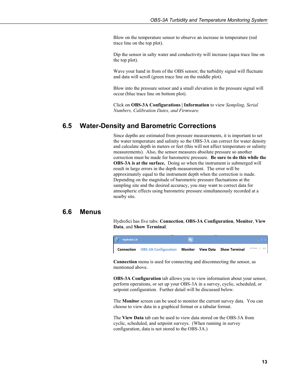 5 water-density and barometric corrections, 6 menus, Water-density and barometric corrections | Menus | Campbell Scientific OBS-3A Turbidity and Temperature Monitoring System User Manual | Page 21 / 72