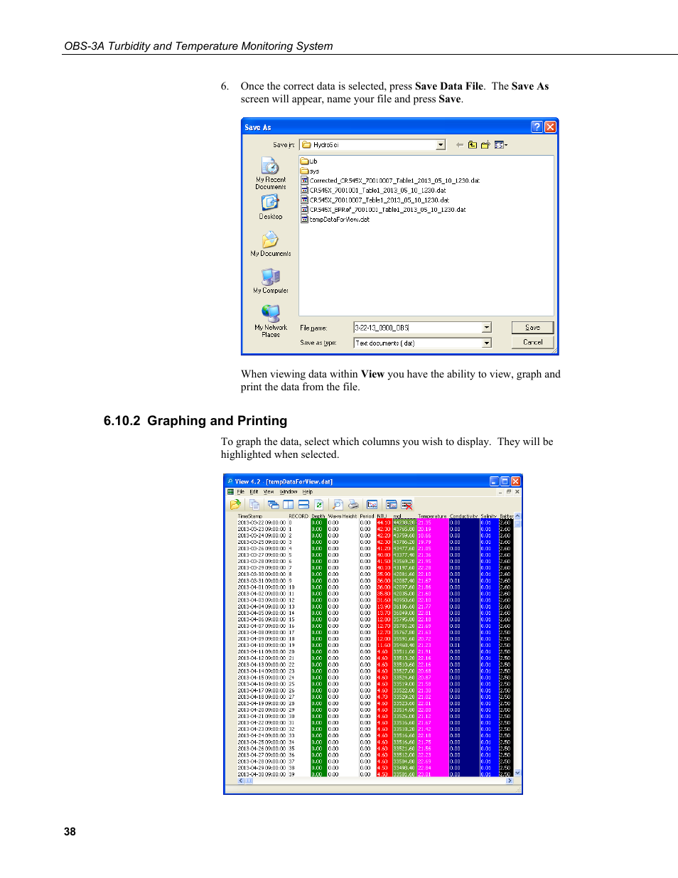 2 graphing and printing, Graphing and printing | Campbell Scientific OBS-3A Turbidity and Temperature Monitoring System User Manual | Page 46 / 72