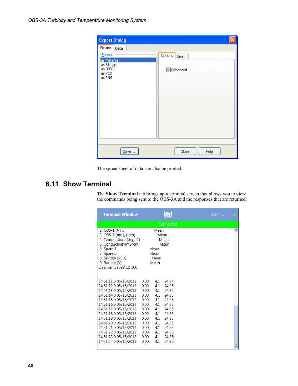 11 show terminal, Show terminal | Campbell Scientific OBS-3A Turbidity and Temperature Monitoring System User Manual | Page 48 / 72