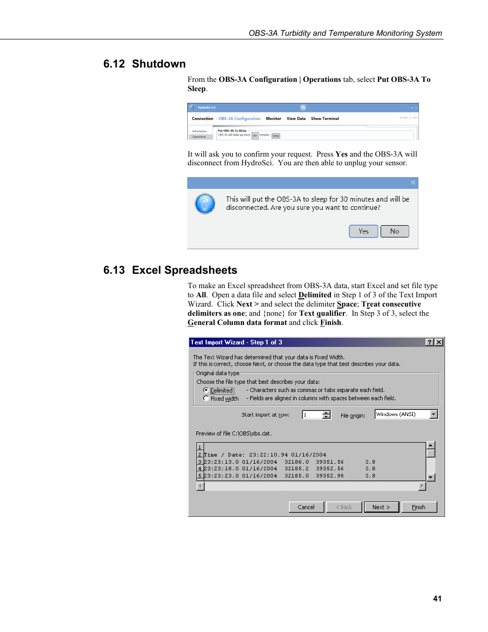 12 shutdown, 13 excel spreadsheets, Shutdown | Excel spreadsheets, Ee section 6.12 | Campbell Scientific OBS-3A Turbidity and Temperature Monitoring System User Manual | Page 49 / 72