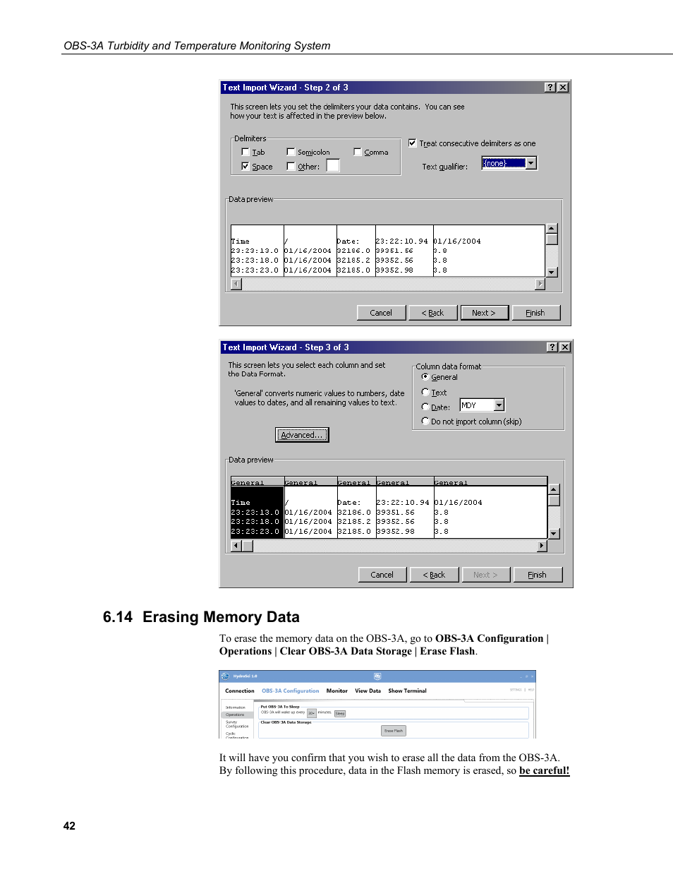 14 erasing memory data, Erasing memory data | Campbell Scientific OBS-3A Turbidity and Temperature Monitoring System User Manual | Page 50 / 72