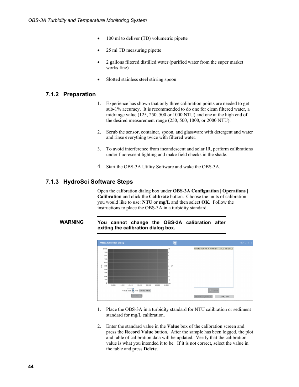 2 preparation, 3 hydrosci software steps, Preparation | Hydrosci software steps | Campbell Scientific OBS-3A Turbidity and Temperature Monitoring System User Manual | Page 52 / 72