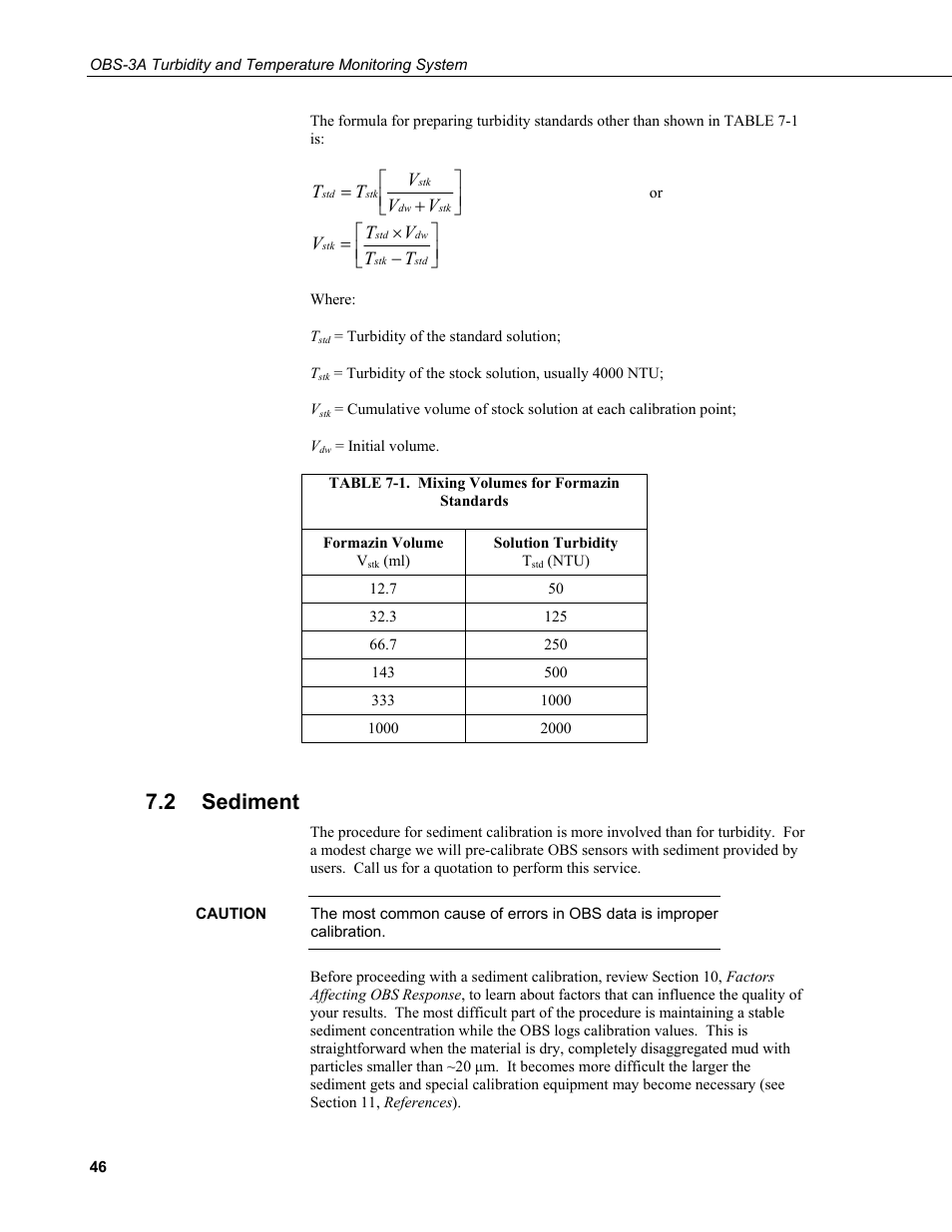 2 sediment, Sediment, 1. mixing volumes for formazin standards | Campbell Scientific OBS-3A Turbidity and Temperature Monitoring System User Manual | Page 54 / 72