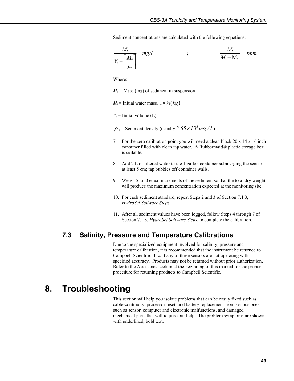 3 salinity, pressure and temperature calibrations, Troubleshooting, Salinity, pressure and temperature calibrations | Campbell Scientific OBS-3A Turbidity and Temperature Monitoring System User Manual | Page 57 / 72