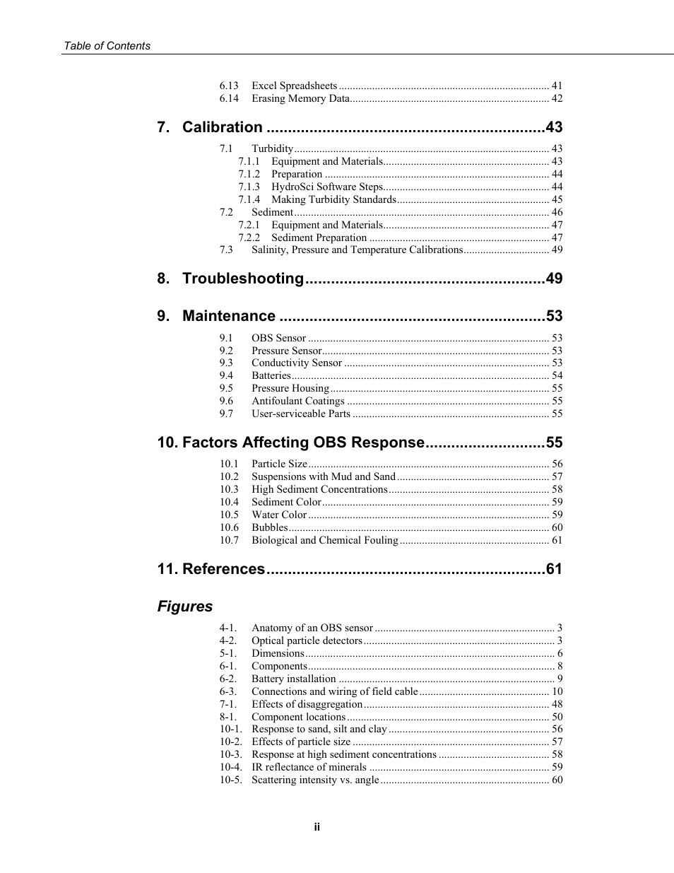 Calibration, Troubleshooting, Maintenance | Factors affecting obs response, References, Figures | Campbell Scientific OBS-3A Turbidity and Temperature Monitoring System User Manual | Page 6 / 72