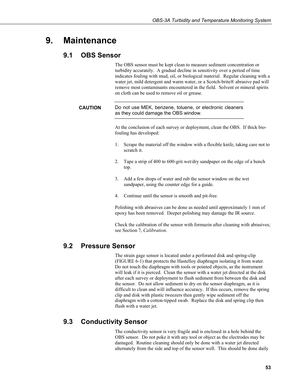 Maintenance, 1 obs sensor, 2 pressure sensor | 3 conductivity sensor, Obs sensor, Pressure sensor, Conductivity sensor | Campbell Scientific OBS-3A Turbidity and Temperature Monitoring System User Manual | Page 61 / 72