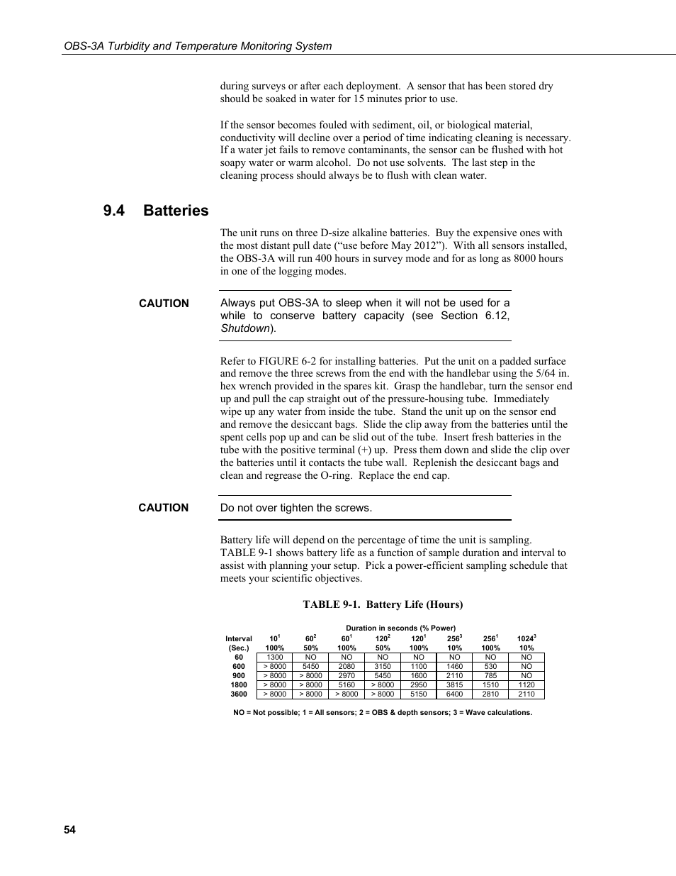 4 batteries, Batteries, 1. battery life (hours) | Campbell Scientific OBS-3A Turbidity and Temperature Monitoring System User Manual | Page 62 / 72