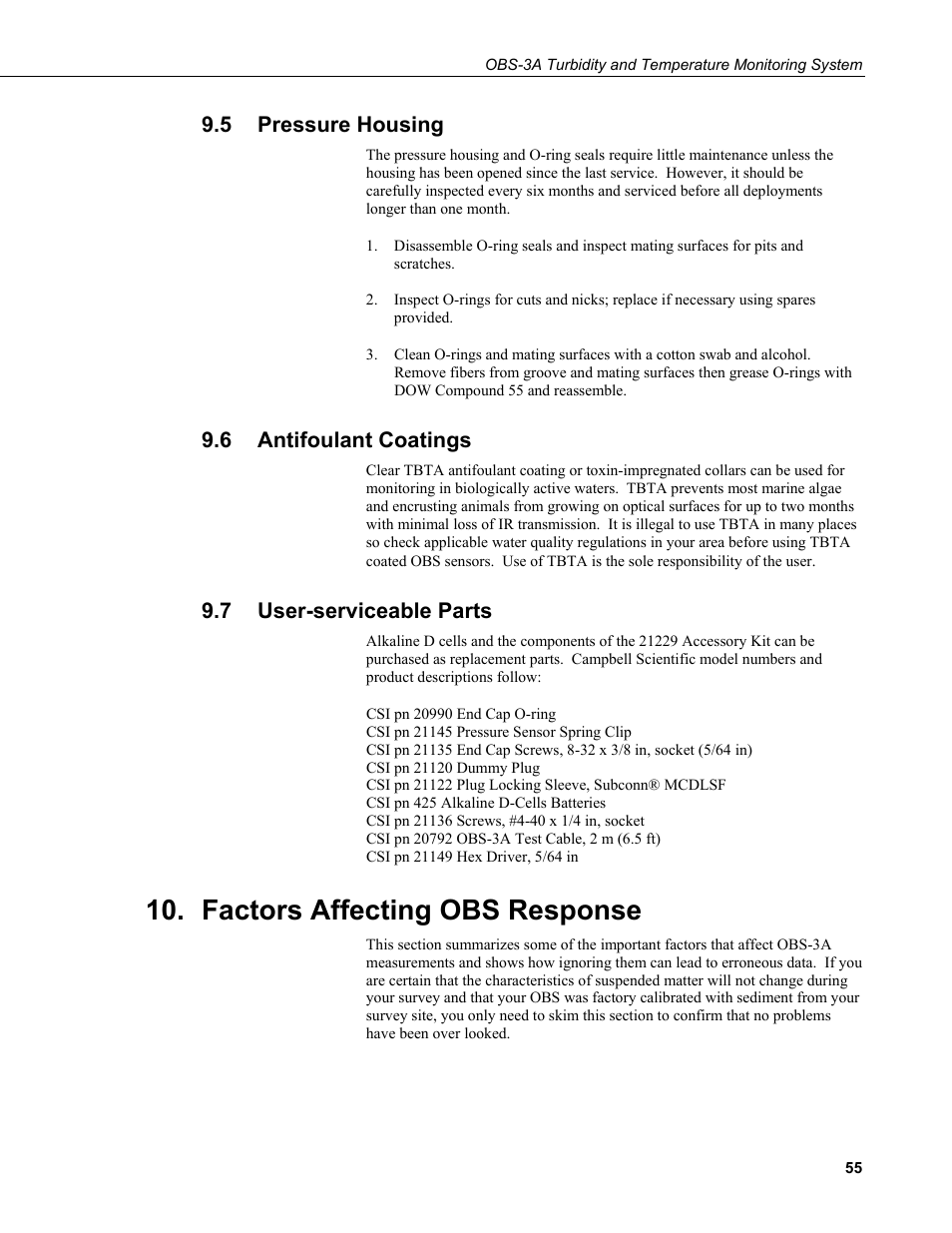5 pressure housing, 6 antifoulant coatings, 7 user-serviceable parts | Factors affecting obs response, Pressure housing, Antifoulant coatings, User-serviceable parts | Campbell Scientific OBS-3A Turbidity and Temperature Monitoring System User Manual | Page 63 / 72