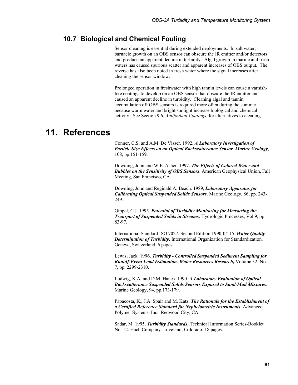 7 biological and chemical fouling, References, Biological and chemical fouling | Campbell Scientific OBS-3A Turbidity and Temperature Monitoring System User Manual | Page 69 / 72