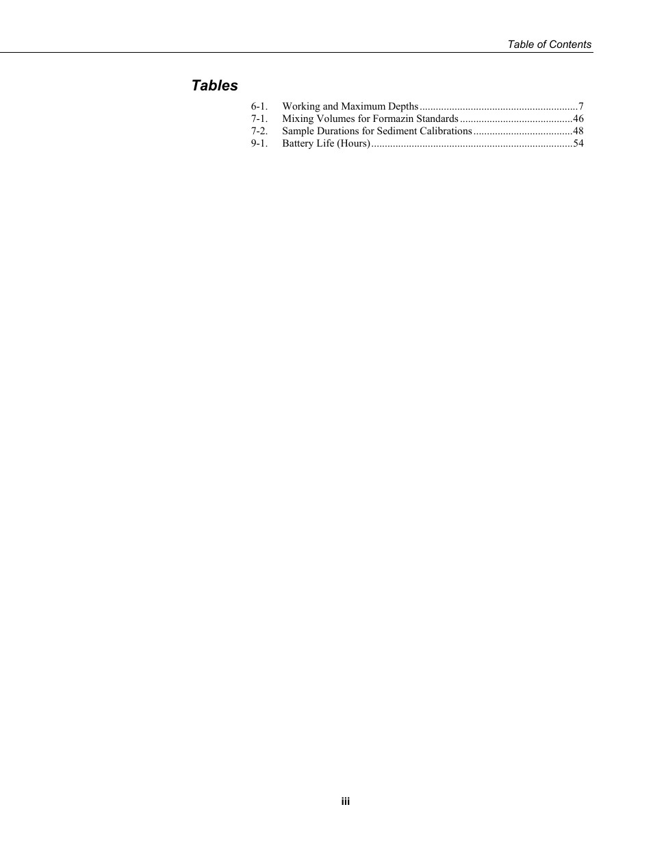 Tables | Campbell Scientific OBS-3A Turbidity and Temperature Monitoring System User Manual | Page 7 / 72