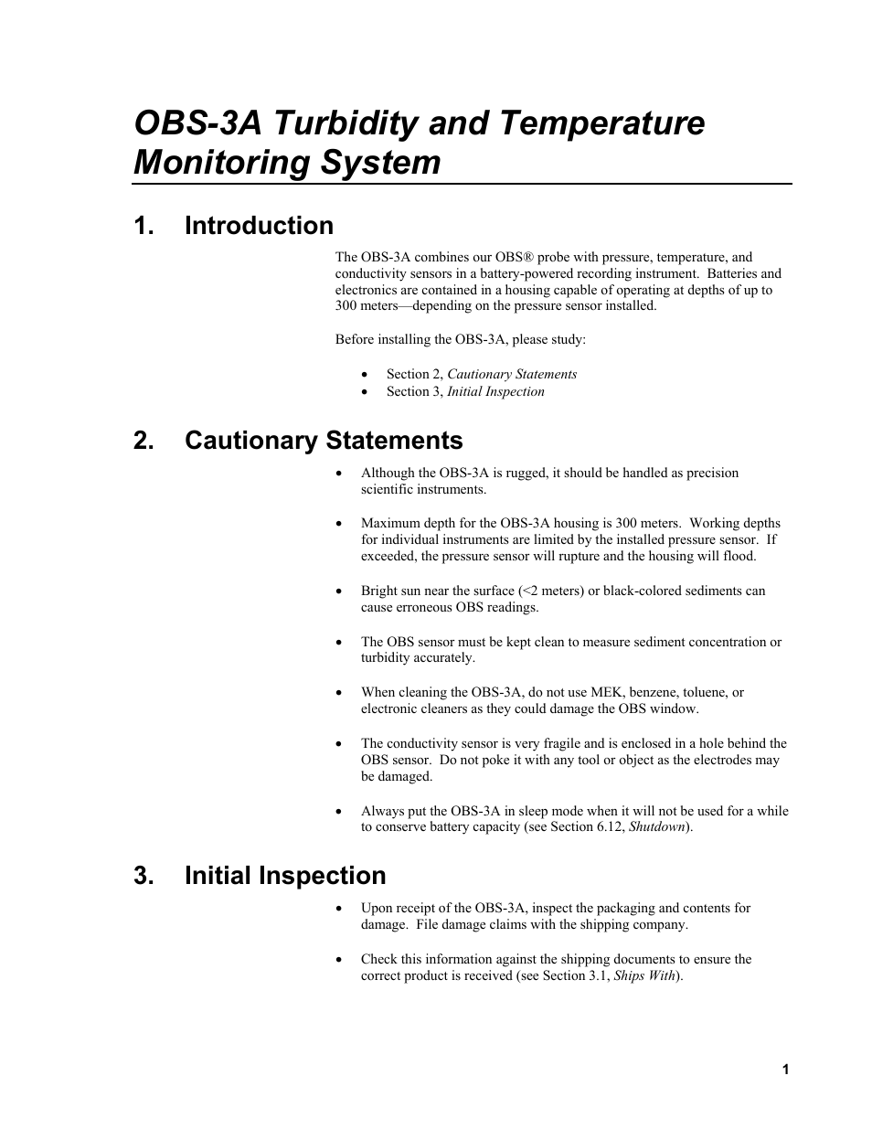 Introduction, Cautionary statements, Initial inspection | Obs-3a turbidity and temperature monitoring system | Campbell Scientific OBS-3A Turbidity and Temperature Monitoring System User Manual | Page 9 / 72