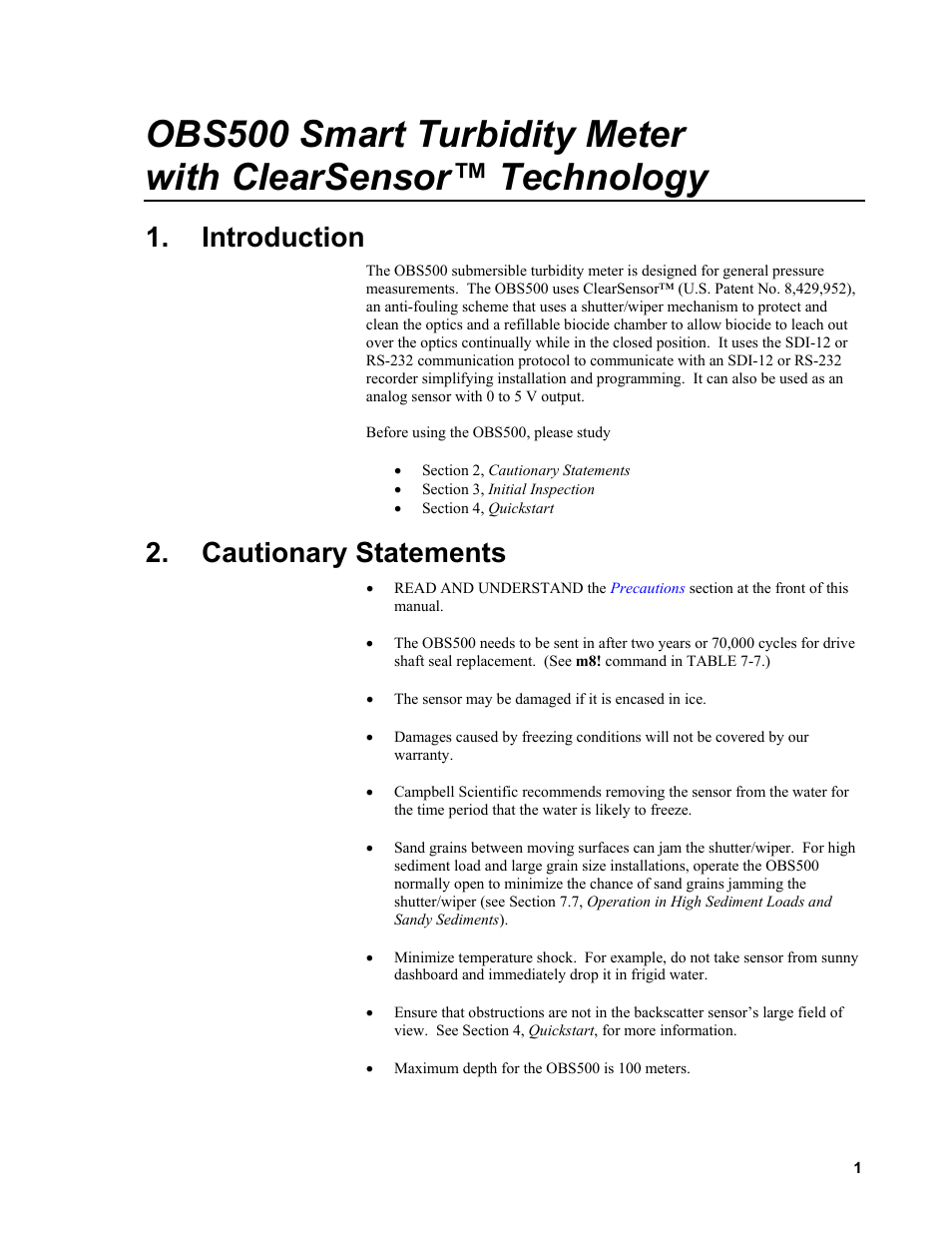 Introduction, Cautionary statements | Campbell Scientific OBS500 Smart Turbidity Meter with ClearSensor Technology User Manual | Page 11 / 64