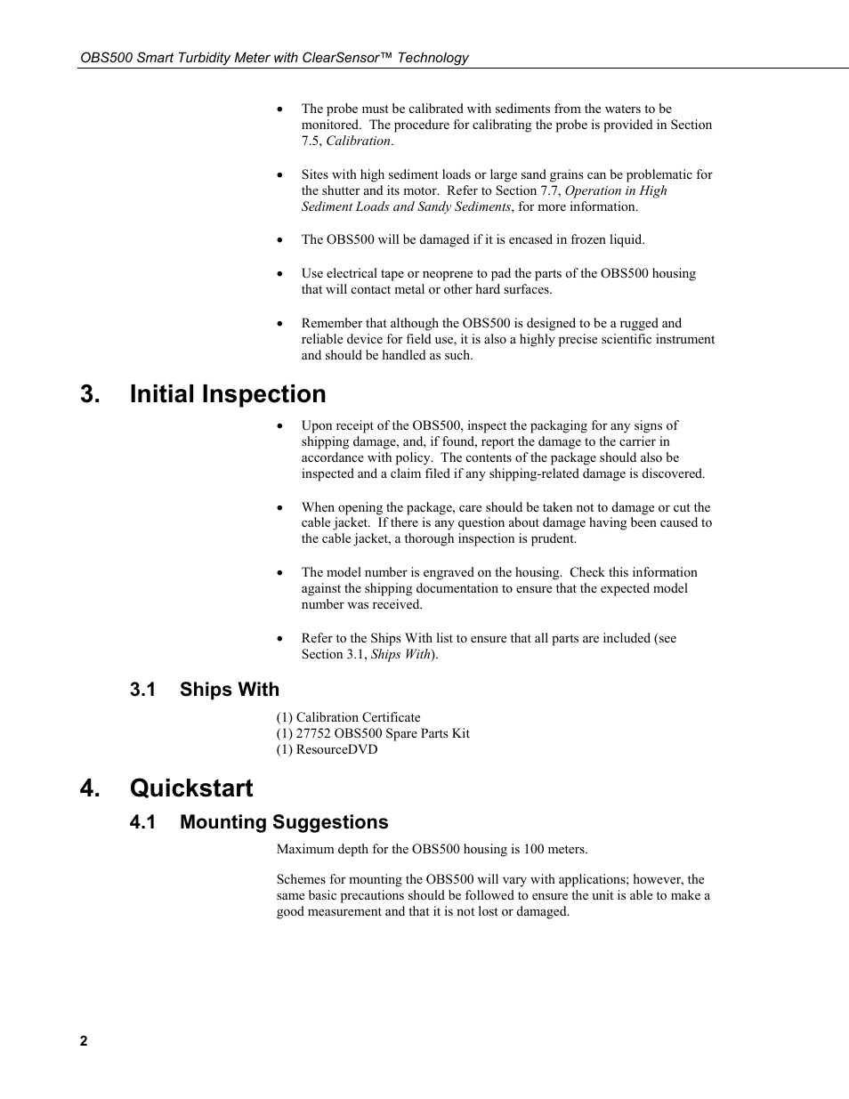 Initial inspection, 1 ships with, Quickstart | 1 mounting suggestions, Ships with, Mounting suggestions | Campbell Scientific OBS500 Smart Turbidity Meter with ClearSensor Technology User Manual | Page 12 / 64