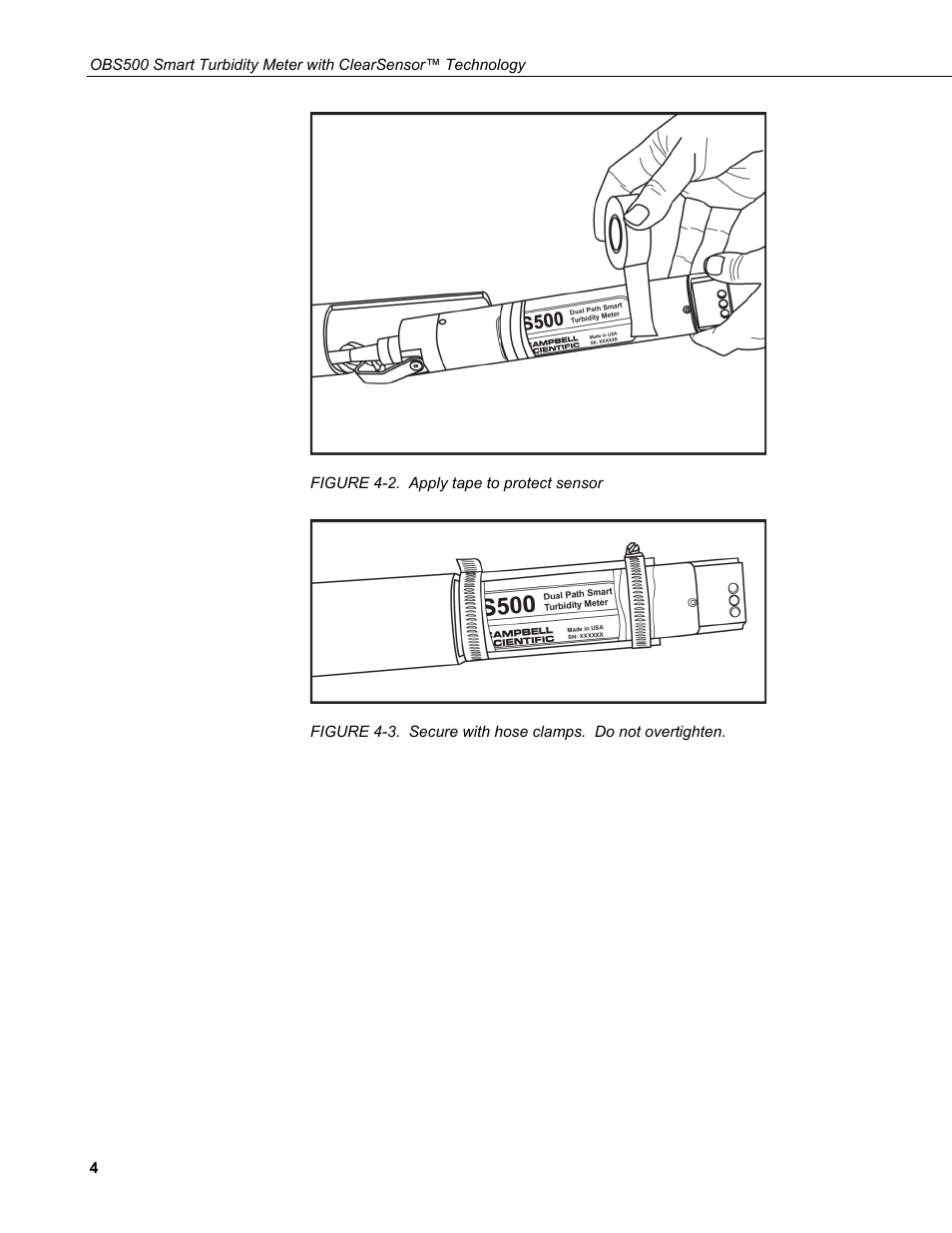 2. apply tape to protect sensor, 3. secure with hose clamps. do not overtighten | Campbell Scientific OBS500 Smart Turbidity Meter with ClearSensor Technology User Manual | Page 14 / 64