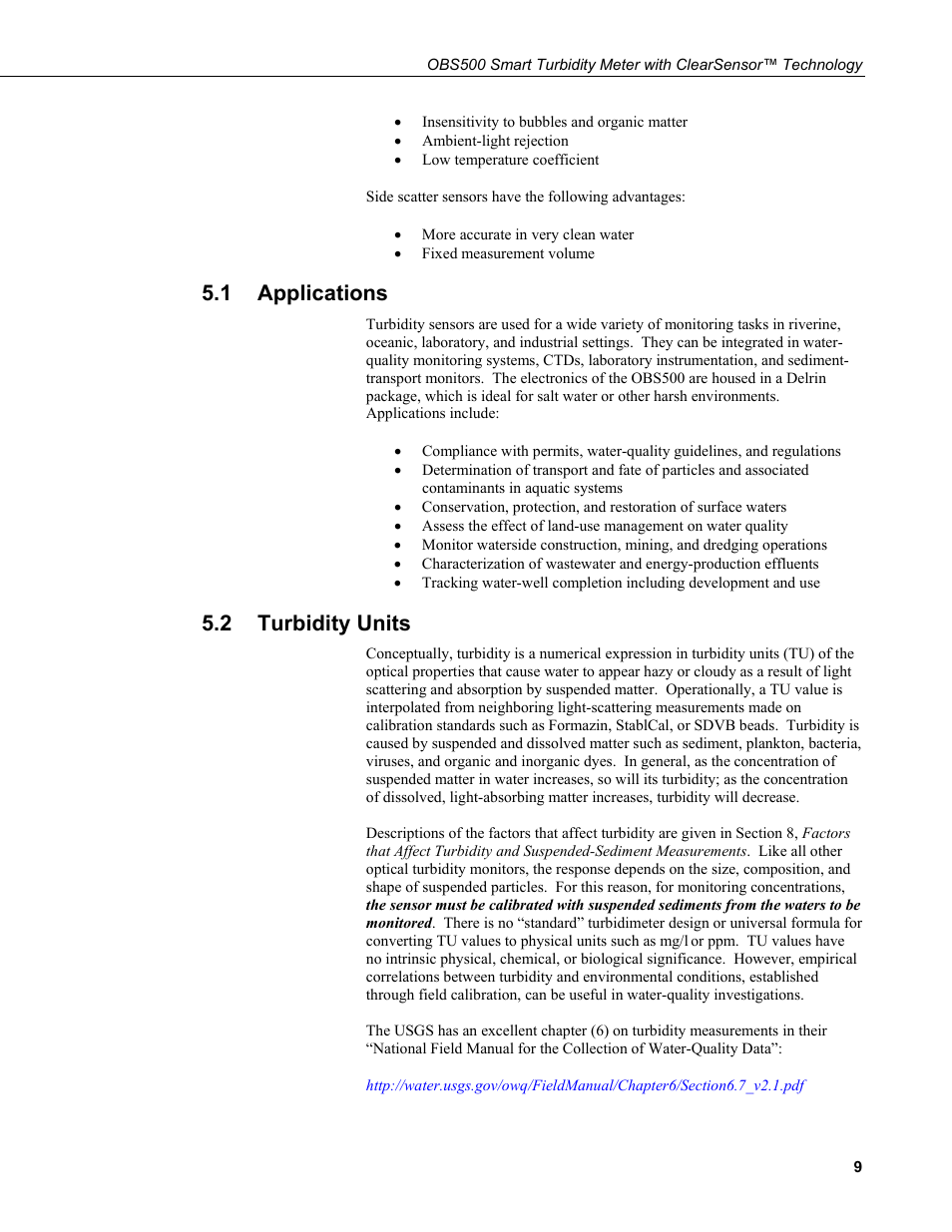 1 applications, 2 turbidity units, Applications | Turbidity units | Campbell Scientific OBS500 Smart Turbidity Meter with ClearSensor Technology User Manual | Page 19 / 64