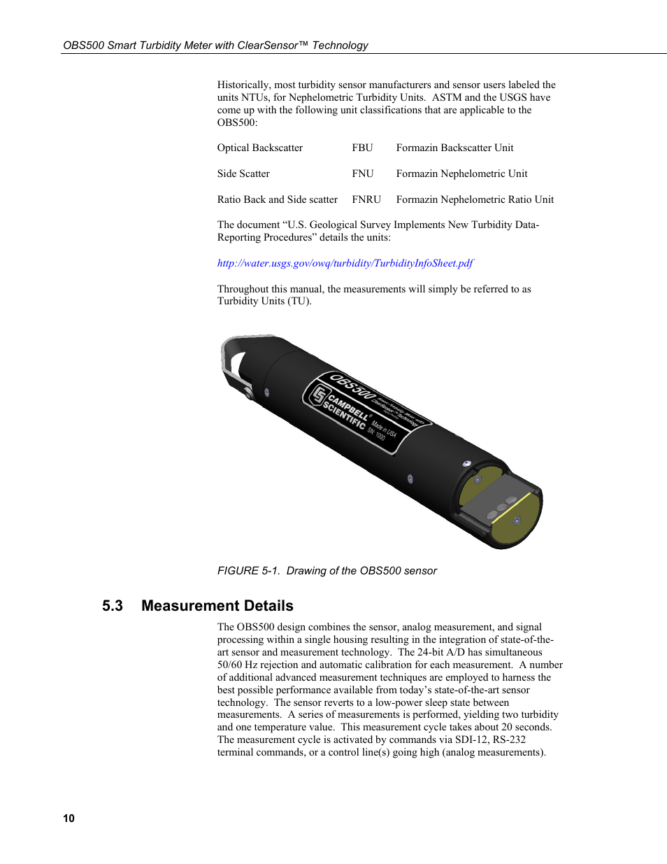 3 measurement details, Measurement details, 1. drawing of the obs500 sensor | Campbell Scientific OBS500 Smart Turbidity Meter with ClearSensor Technology User Manual | Page 20 / 64