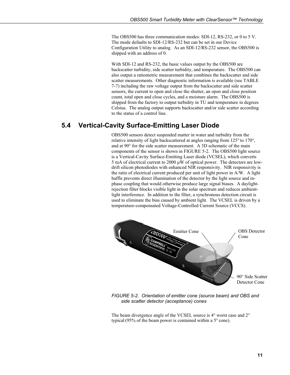 4 vertical-cavity surface-emitting laser diode, Vertical-cavity surface-emitting laser diode, Scatter detector (acceptance) cones | Campbell Scientific OBS500 Smart Turbidity Meter with ClearSensor Technology User Manual | Page 21 / 64