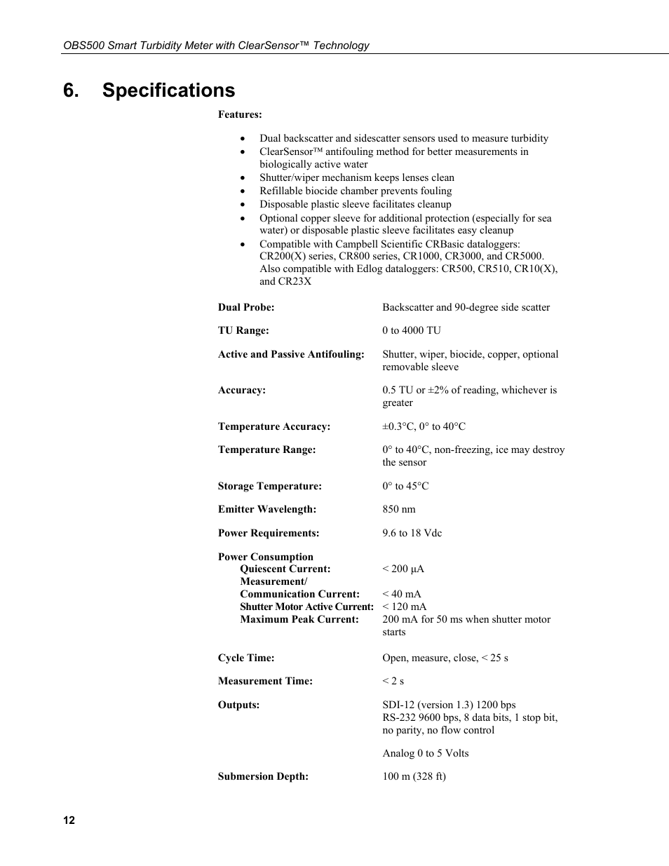 Specifications | Campbell Scientific OBS500 Smart Turbidity Meter with ClearSensor Technology User Manual | Page 22 / 64