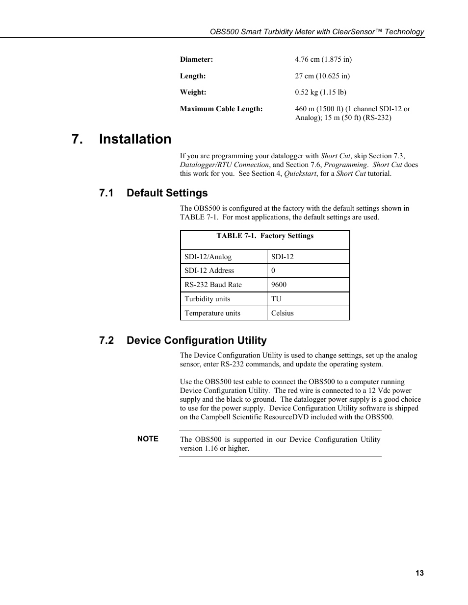 Installation, 1 default settings, 2 device configuration utility | Default settings, Device configuration utility, 1. factory settings | Campbell Scientific OBS500 Smart Turbidity Meter with ClearSensor Technology User Manual | Page 23 / 64