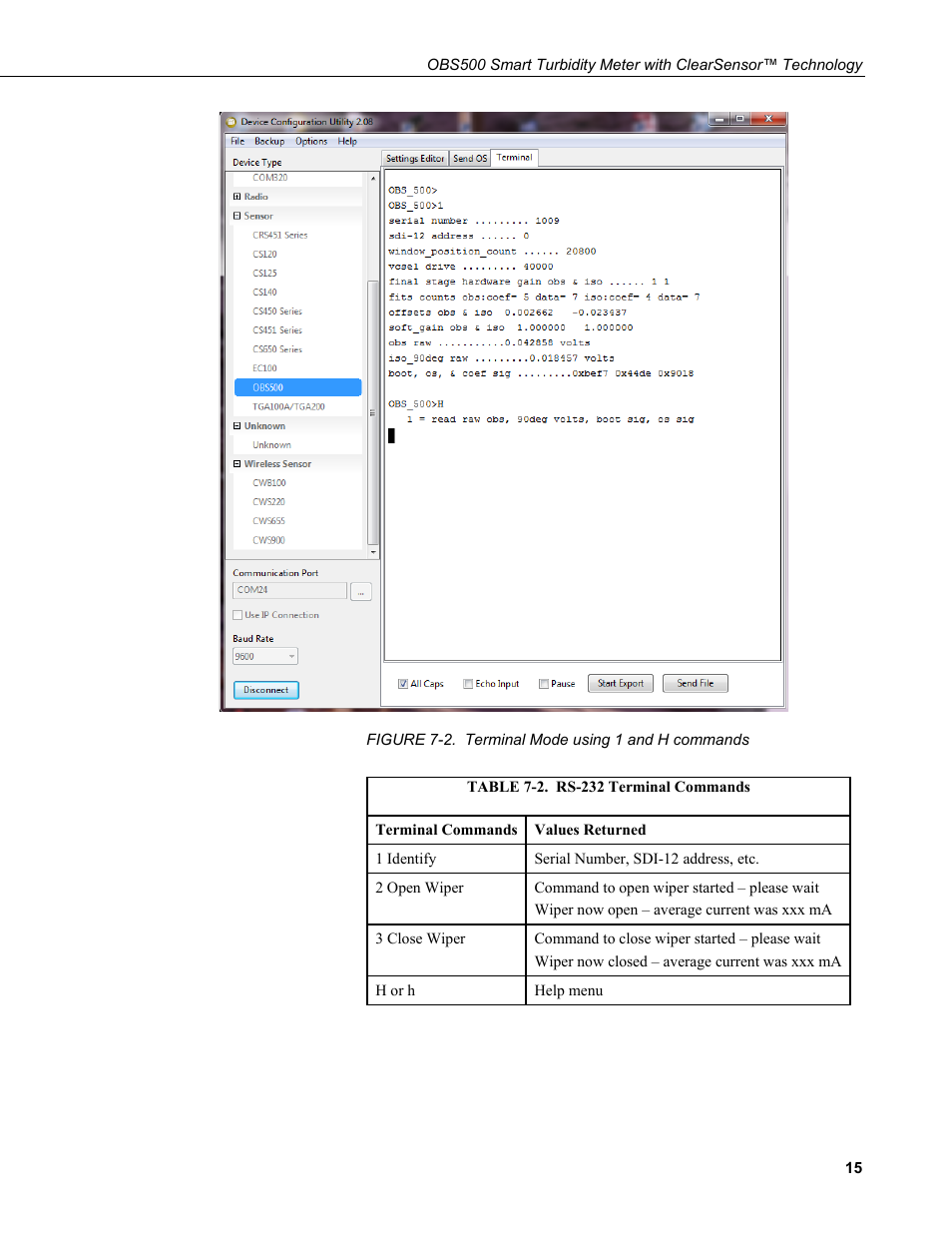 2. terminal mode using 1 and h commands, 2. rs-232 terminal commands | Campbell Scientific OBS500 Smart Turbidity Meter with ClearSensor Technology User Manual | Page 25 / 64