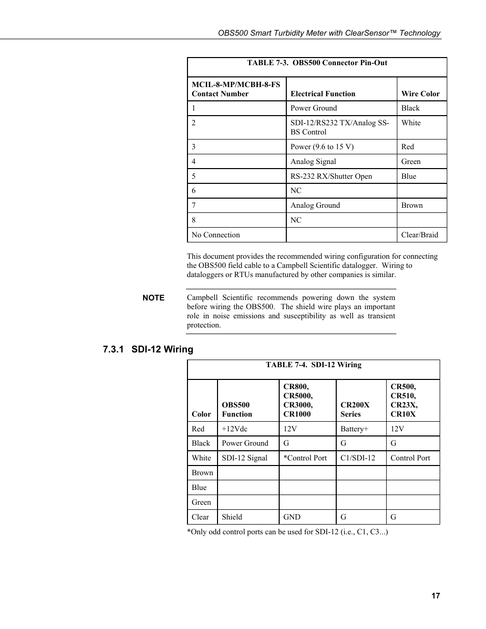 1 sdi-12 wiring, Sdi-12 wiring, 3. obs500 connector pin-out | 4. sdi-12 wiring | Campbell Scientific OBS500 Smart Turbidity Meter with ClearSensor Technology User Manual | Page 27 / 64