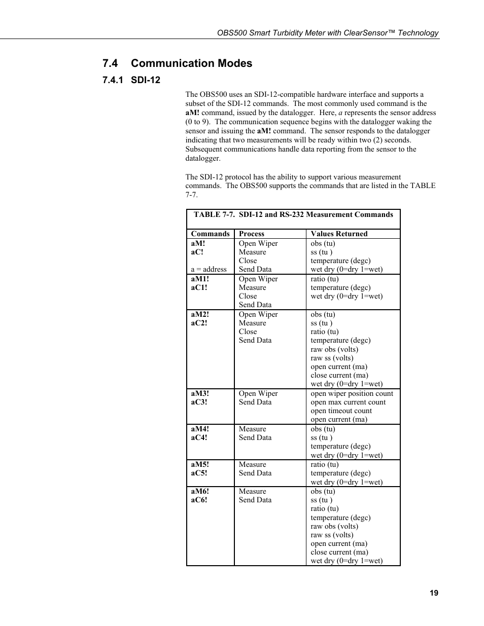 4 communication modes, 1 sdi-12, Communication modes | Sdi-12, 7. sdi-12 and rs-232 measurement commands, Table 7-7.) | Campbell Scientific OBS500 Smart Turbidity Meter with ClearSensor Technology User Manual | Page 29 / 64