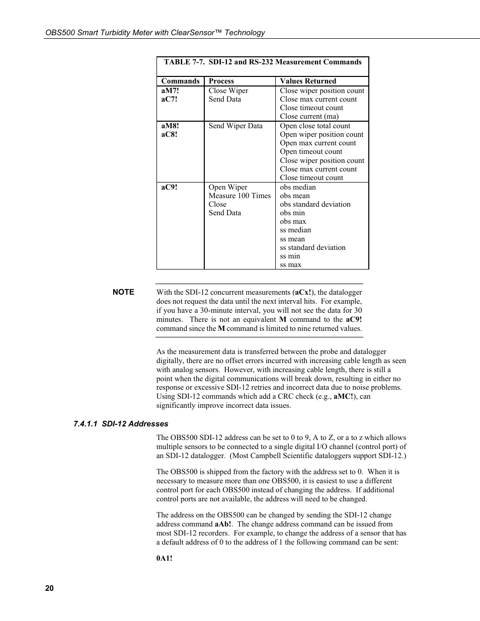1 sdi-12 addresses, Sdi-12 addresses | Campbell Scientific OBS500 Smart Turbidity Meter with ClearSensor Technology User Manual | Page 30 / 64