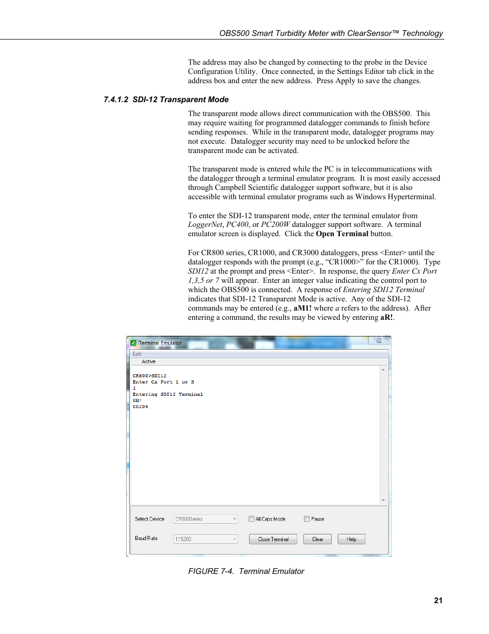 2 sdi-12 transparent mode, Sdi-12 transparent mode, 4. terminal emulator | Campbell Scientific OBS500 Smart Turbidity Meter with ClearSensor Technology User Manual | Page 31 / 64