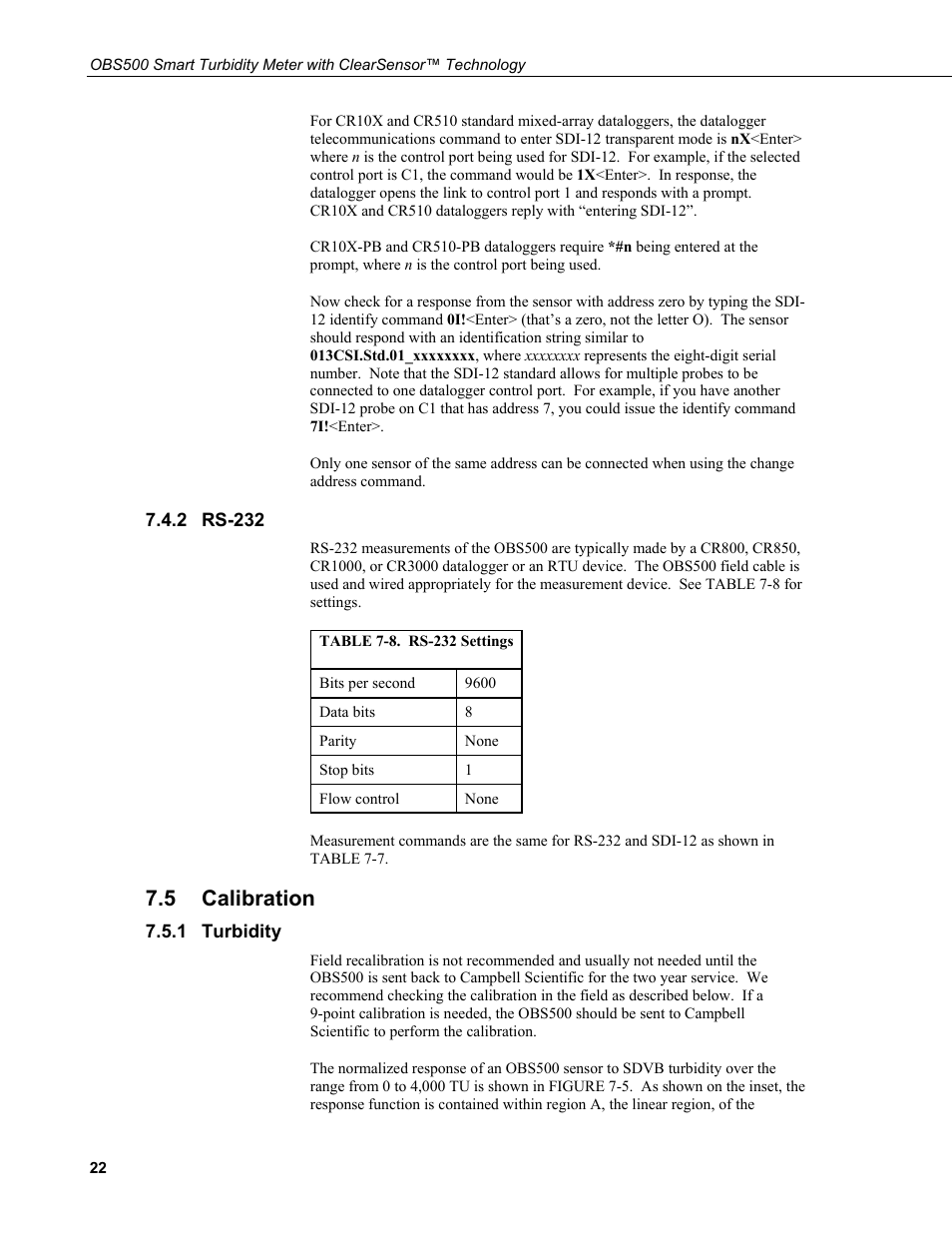 2 rs-232, 5 calibration, 1 turbidity | Rs-232, Calibration, Turbidity, 8. rs-232 settings | Campbell Scientific OBS500 Smart Turbidity Meter with ClearSensor Technology User Manual | Page 32 / 64