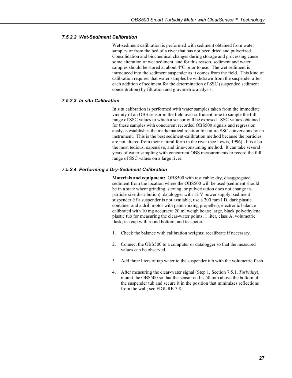 2 wet-sediment calibration, 3 in situ calibration, 4 performing a dry-sediment calibration | Wet-sediment calibration, In situ calibration, Performing a dry-sediment calibration | Campbell Scientific OBS500 Smart Turbidity Meter with ClearSensor Technology User Manual | Page 37 / 64