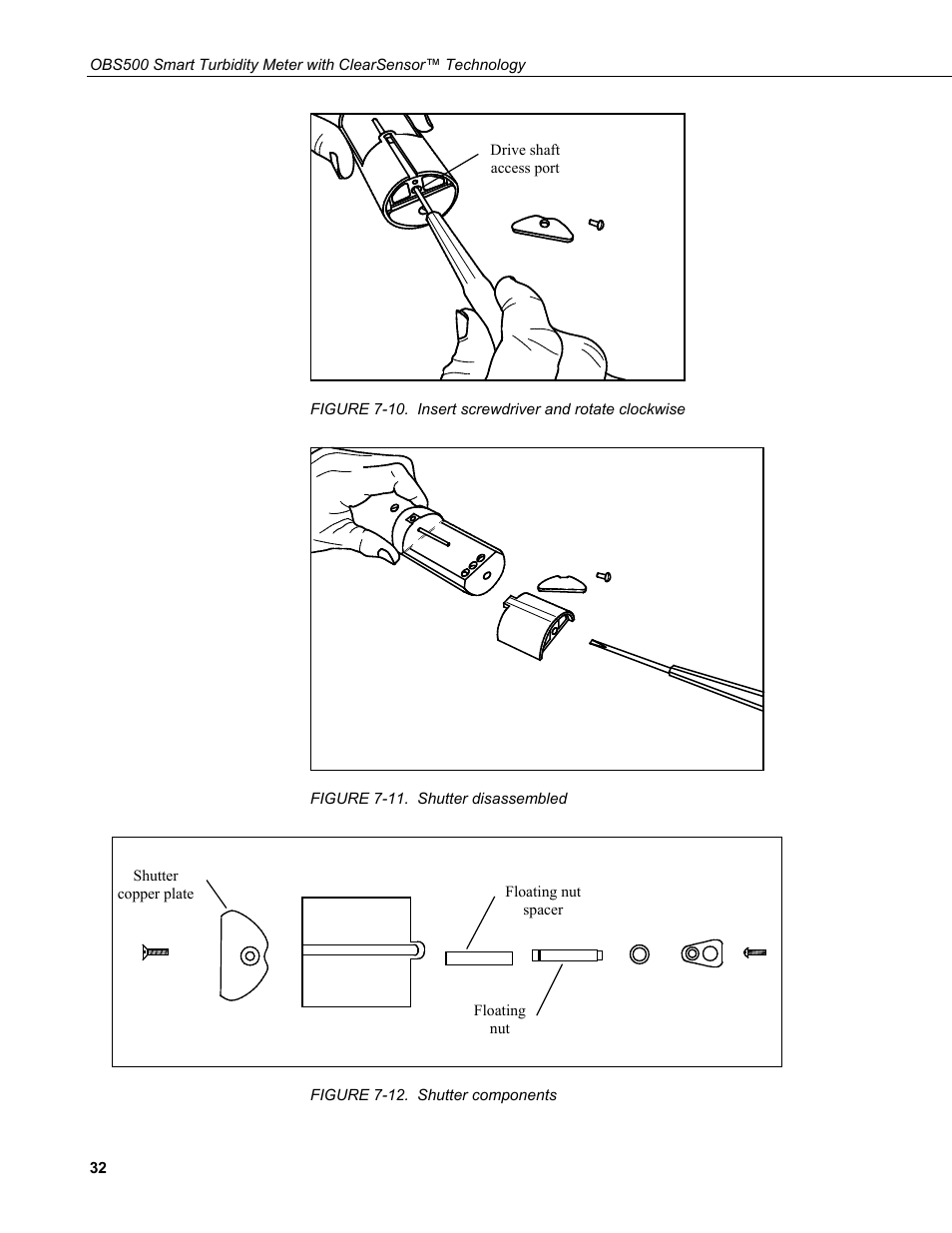 10. insert screwdriver and rotate clockwise, 11. shutter disassembled, 12. shutter components | Figure 7-10), Figure 7-10, D figure 7-11), Figure 7-12) | Campbell Scientific OBS500 Smart Turbidity Meter with ClearSensor Technology User Manual | Page 42 / 64