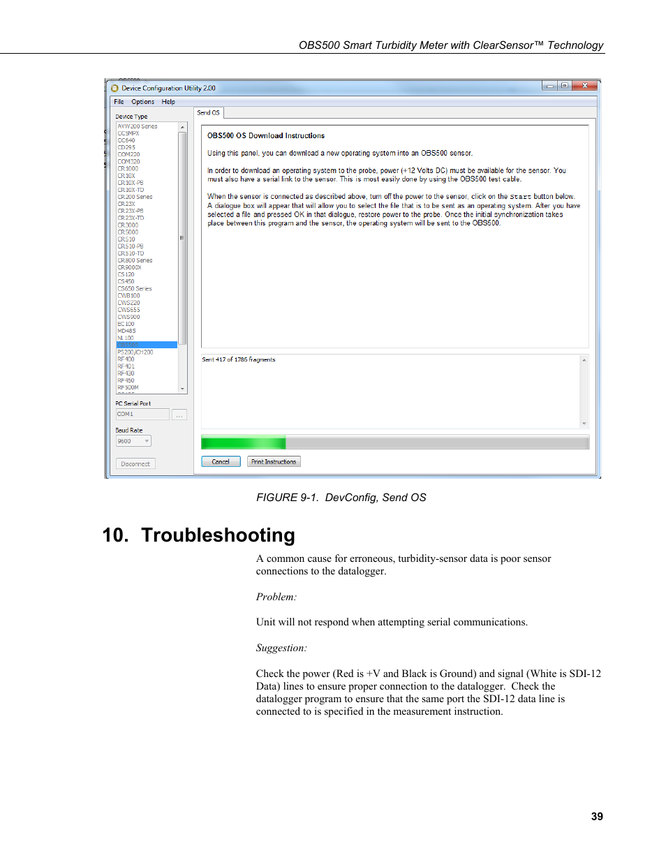 Troubleshooting, 1. devconfig, send os | Campbell Scientific OBS500 Smart Turbidity Meter with ClearSensor Technology User Manual | Page 49 / 64