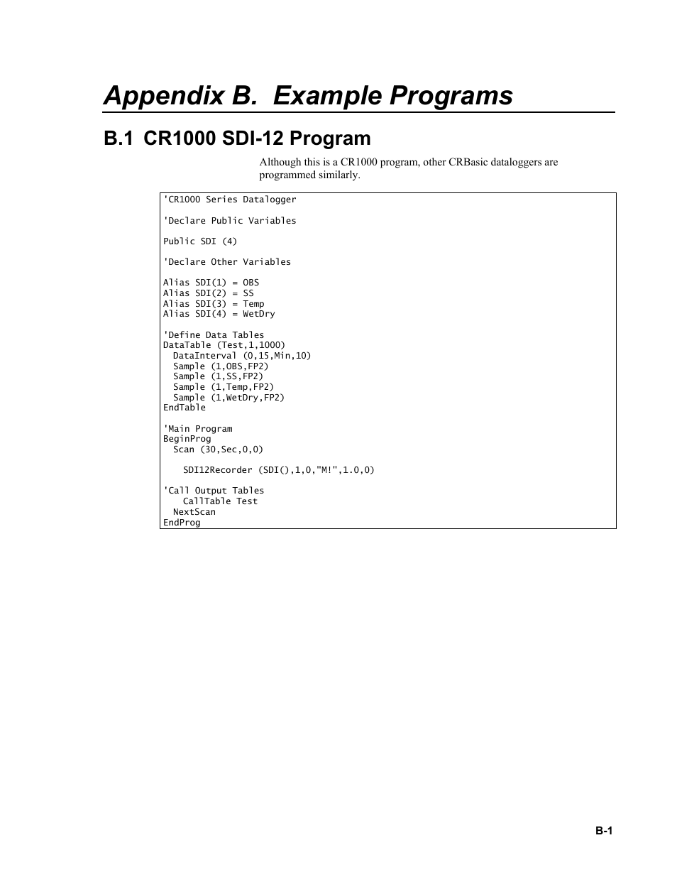 Appendix b. example programs, B.1 cr1000 sdi-12 program | Campbell Scientific OBS500 Smart Turbidity Meter with ClearSensor Technology User Manual | Page 55 / 64