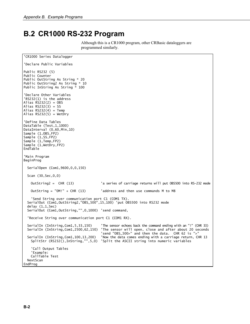 B.2 cr1000 rs-232 program | Campbell Scientific OBS500 Smart Turbidity Meter with ClearSensor Technology User Manual | Page 56 / 64