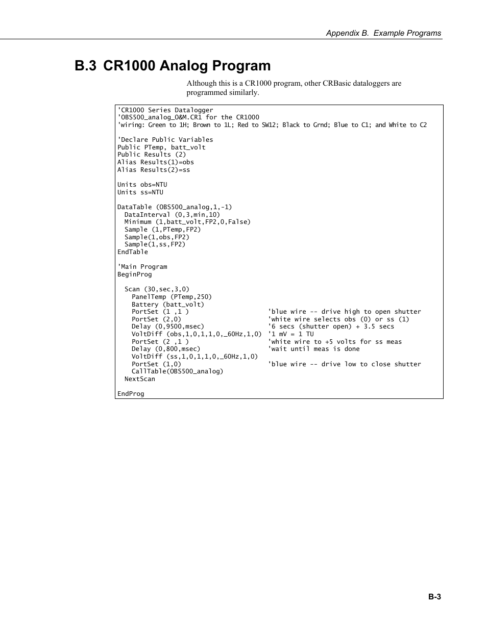 B.3 cr1000 analog program | Campbell Scientific OBS500 Smart Turbidity Meter with ClearSensor Technology User Manual | Page 57 / 64