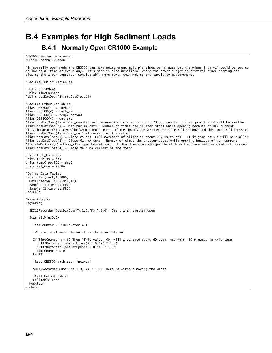B.4 examples for high sediment loads, B.4.1 normally open cr1000 example, B.4.1 | Campbell Scientific OBS500 Smart Turbidity Meter with ClearSensor Technology User Manual | Page 58 / 64