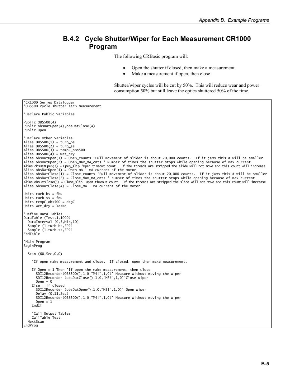 B.4.2, Cycle shutter/wiper for each measurement cr1000 | Campbell Scientific OBS500 Smart Turbidity Meter with ClearSensor Technology User Manual | Page 59 / 64