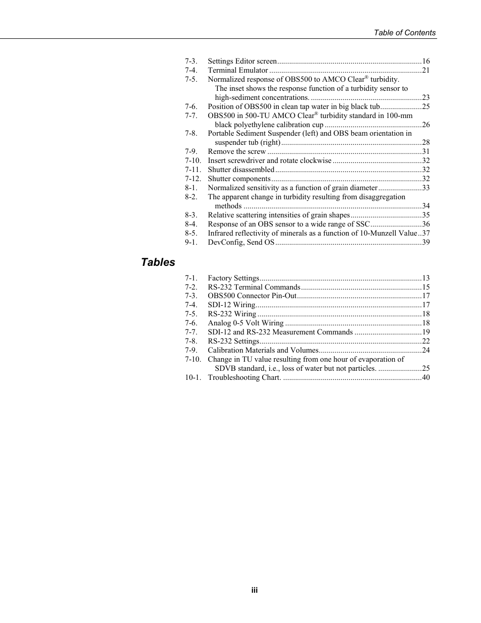 Tables | Campbell Scientific OBS500 Smart Turbidity Meter with ClearSensor Technology User Manual | Page 9 / 64