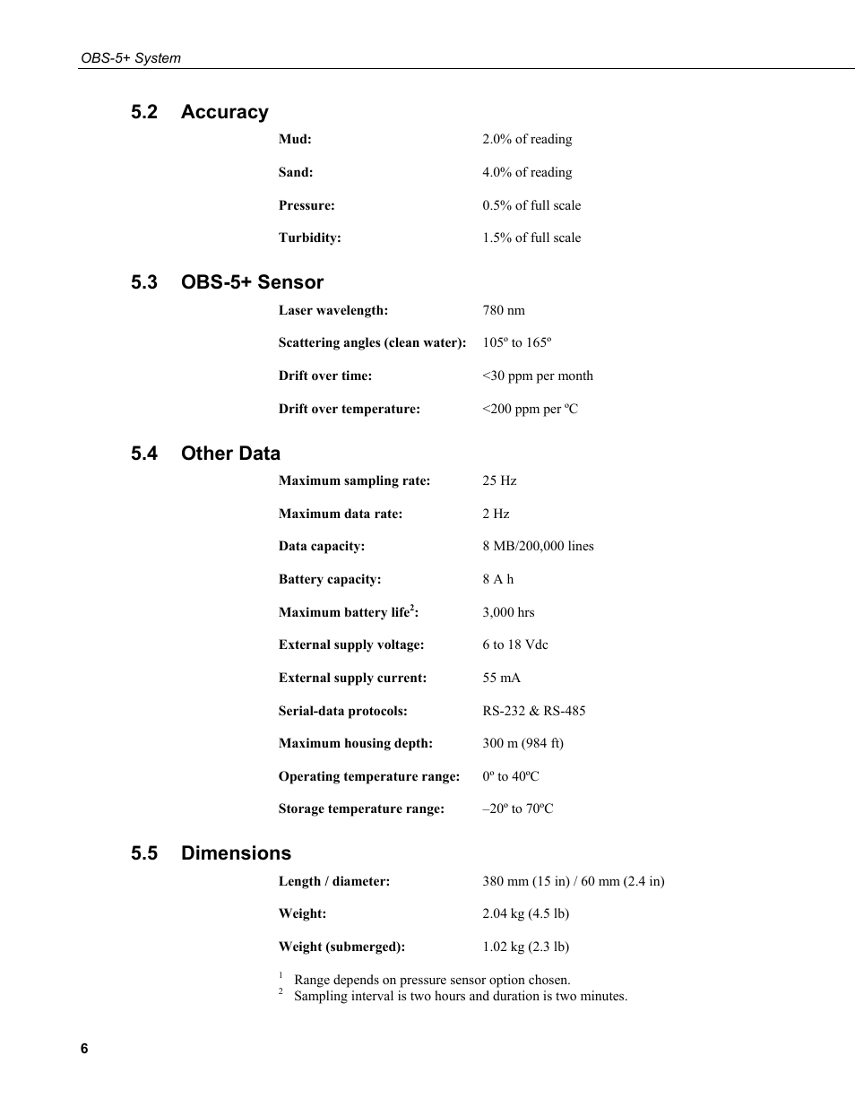 2 accuracy, 3 obs-5+ sensor, 4 other data | 5 dimensions, Accuracy, Obs-5+ sensor, Other data, Dimensions | Campbell Scientific OBS-5+ Sediment Concentration Monitor and Pressure Sensor User Manual | Page 14 / 52