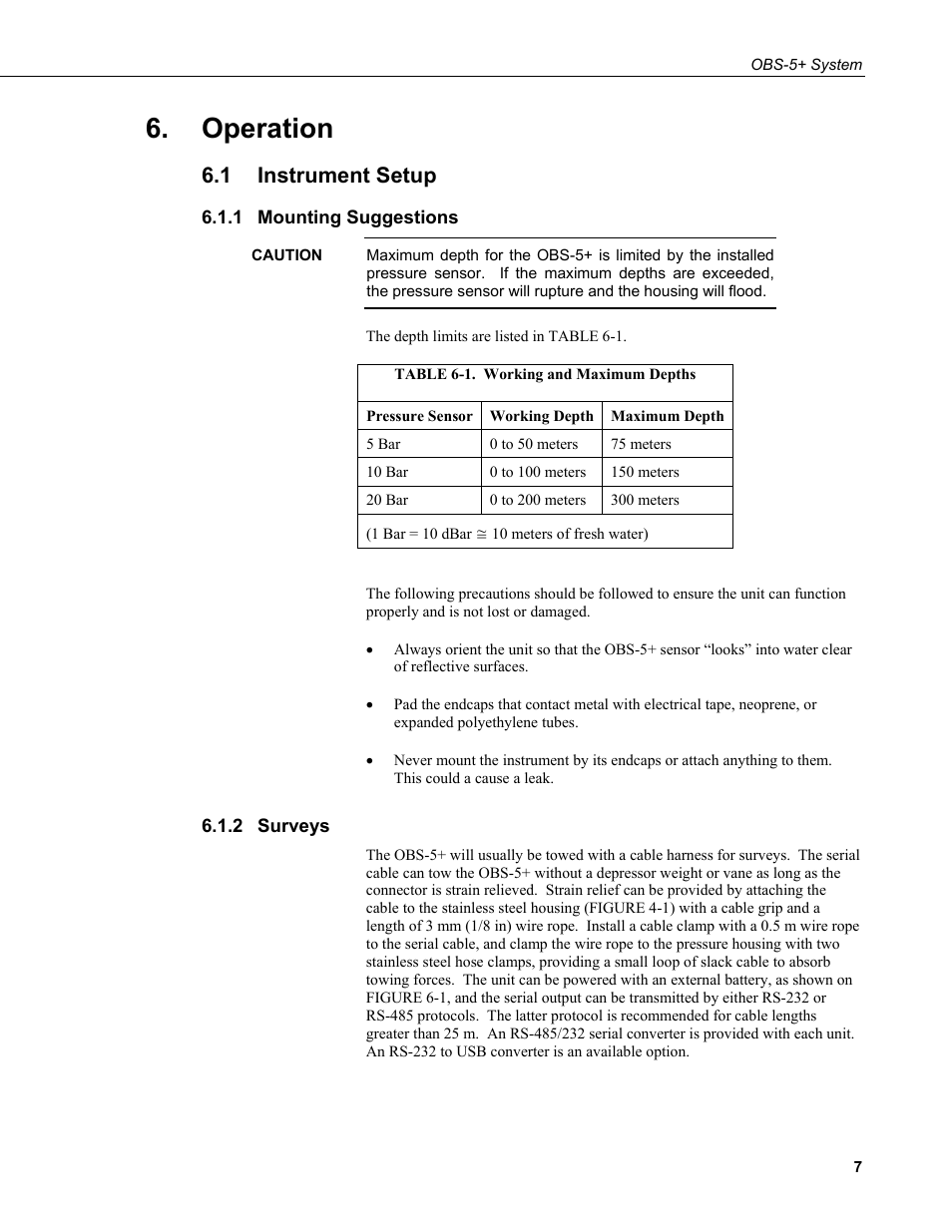 Operation, 1 instrument setup, 1 mounting suggestions | 2 surveys, Instrument setup, Mounting suggestions, Surveys, 1. working and maximum depths, N 6.1 | Campbell Scientific OBS-5+ Sediment Concentration Monitor and Pressure Sensor User Manual | Page 15 / 52