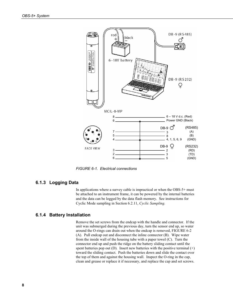 3 logging data, 4 battery installation, Logging data | Battery installation, 1. electrical, Connections | Campbell Scientific OBS-5+ Sediment Concentration Monitor and Pressure Sensor User Manual | Page 16 / 52