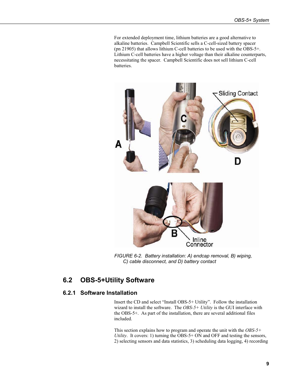 2 obs-5+utility software, 1 software installation, Obs-5+utility software | Software installation, Disconnect, and d) battery contact | Campbell Scientific OBS-5+ Sediment Concentration Monitor and Pressure Sensor User Manual | Page 17 / 52