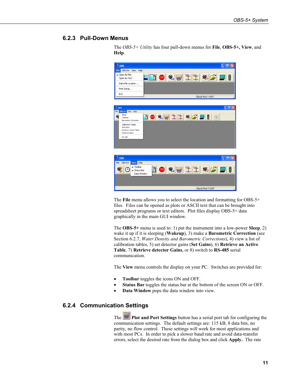 3 pull-down menus, 4 communication settings, Pull-down menus | Communication settings | Campbell Scientific OBS-5+ Sediment Concentration Monitor and Pressure Sensor User Manual | Page 19 / 52